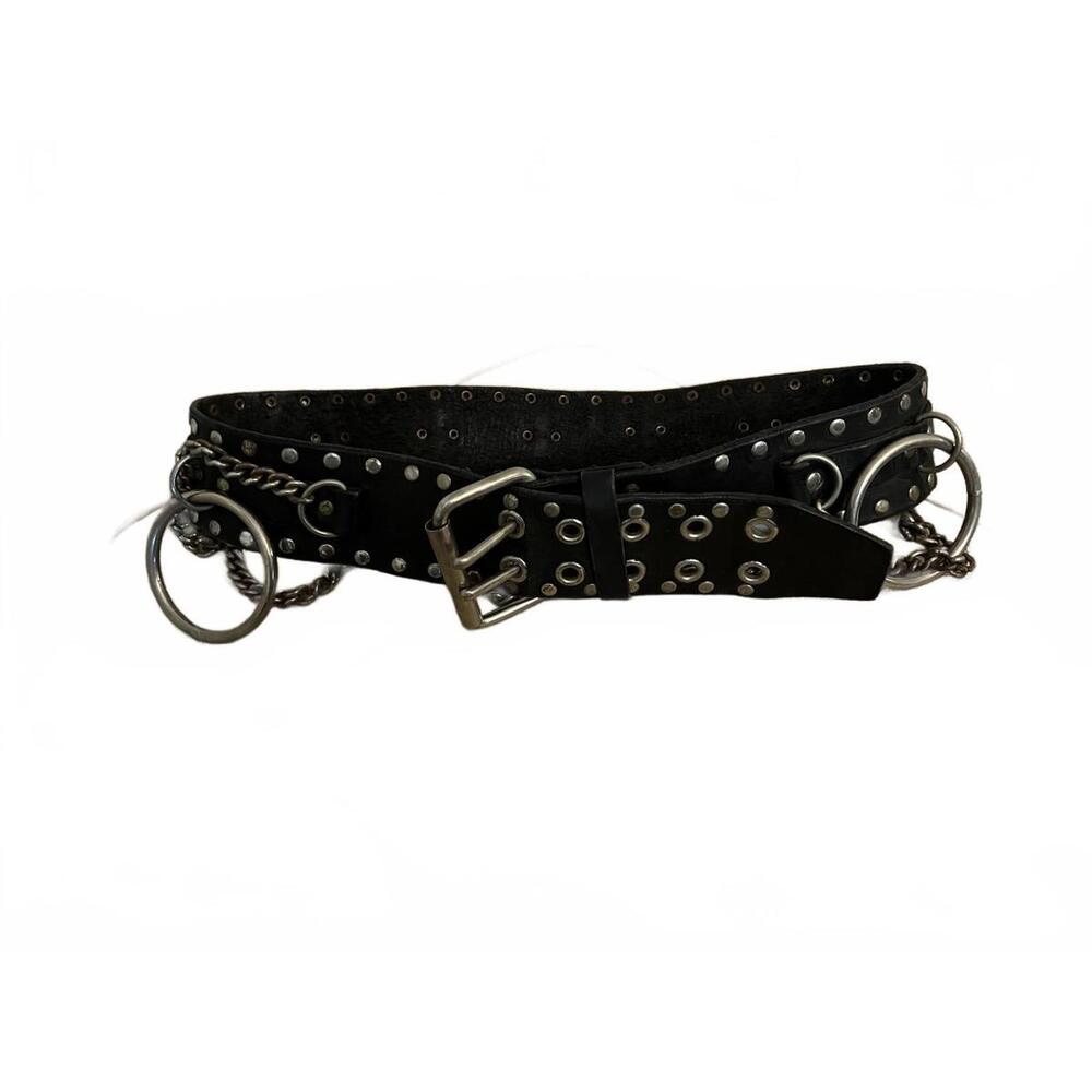 VTG Black Leather Belt  Y2K Steampunk Goth Moto Studded Chains O-Rings 36"